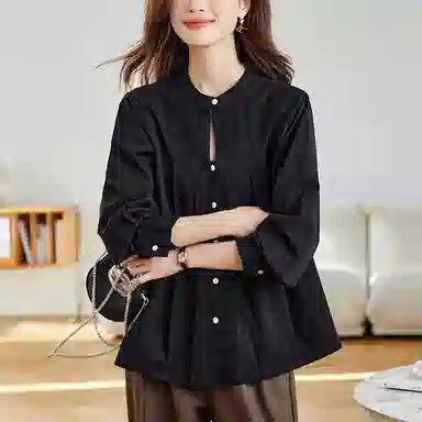 曲韩 宽松显瘦立领褶皱上衣高级感镂空纯棉春季长袖衬衫 女款 暗夜黑