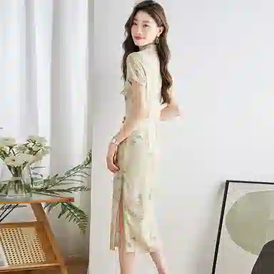 曲韩 新中式立领中长款短袖连衣裙 女款 花色