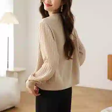 曲韩 圆领宽松显瘦小衫上衣时尚小香风短款长袖春季针织衫 女款 杏色