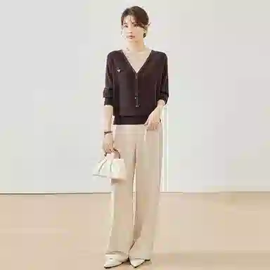 曲韩 拼色假两件简约百搭套头长袖针织衫 女款 咖色