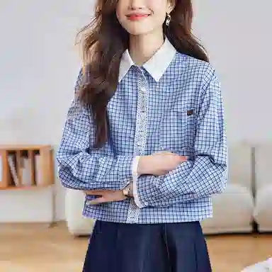 曲韩 翻领蕾丝短款上衣韩版百搭纯棉格子春季长袖衬衫 女款 蓝格子