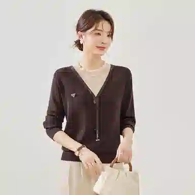 曲韩 拼色假两件简约百搭套头长袖针织衫 女款 咖色