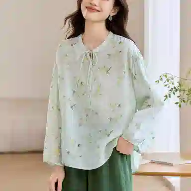 曲韩 小清新系带碎花宽松上衣文艺复古舒适苎麻长袖春季衬衫 女款 浅绿