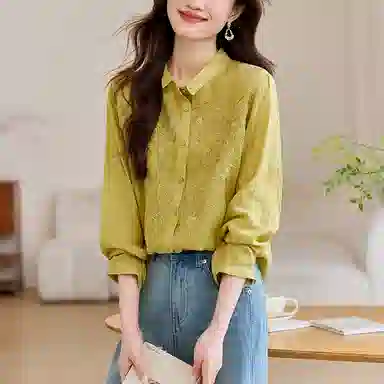 曲韩 翻领重工刺绣显瘦上衣气质文艺减龄苎麻长袖春季衬衫 女款
