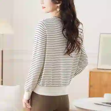 曲韩 宽松显瘦条纹开衫遮肉毛衣外套上衣女针织衫 女款