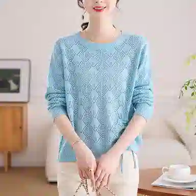 曲韩 圆领镂空抽绳薄款上衣时尚洋气百搭长袖春季针织衫 女款