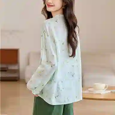 曲韩 小清新系带碎花宽松上衣文艺复古舒适苎麻长袖春季衬衫 女款 浅绿