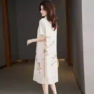 曲韩 新中式素雅气质简约短袖连衣裙 女款 米白色