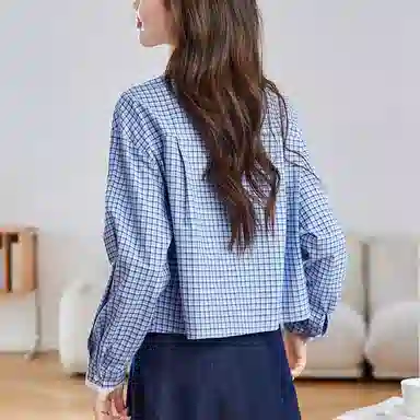 曲韩 翻领蕾丝短款上衣韩版百搭纯棉格子春季长袖衬衫 女款 蓝格子