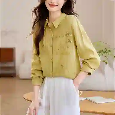 曲韩 亮片刺绣翻领宽松上衣时尚复古苎麻长袖春季衬衫 女款