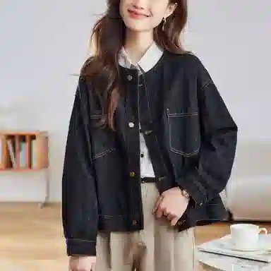 曲韩 圆领宽松舒适休闲长袖牛仔外套 女款