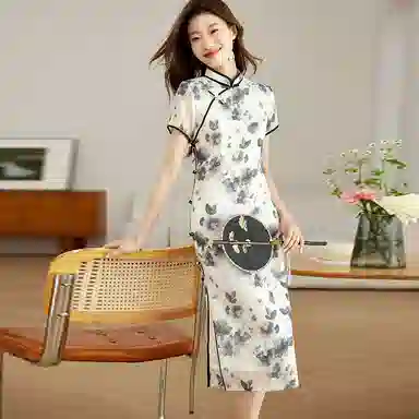 曲韩 水墨画旗袍女高级感中国风丹青改良短袖连衣裙 女款 花色