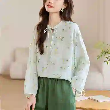 曲韩 小清新系带碎花宽松上衣文艺复古舒适苎麻长袖春季衬衫 女款 浅绿
