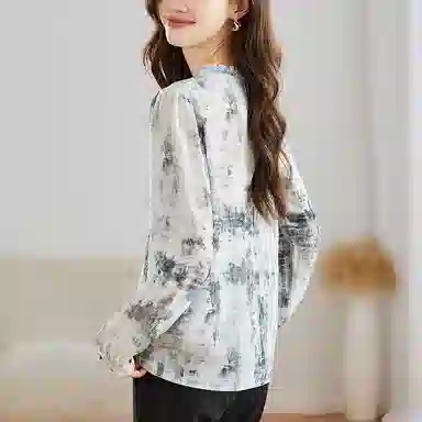 曲韩 水墨印花短款真丝小衫上衣复古优雅桑蚕丝长袖春季衬衫 女款 米白