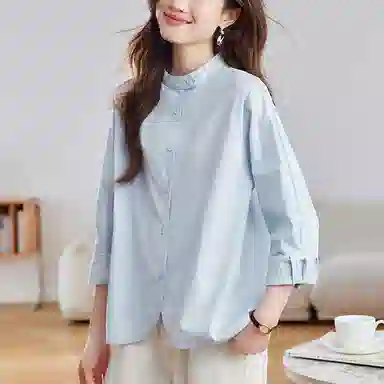 曲韩 慵懒风宽松纯色长袖衬衫 女款 云水蓝