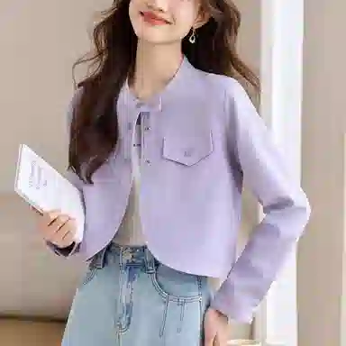 曲韩 纯色短款时尚合身长袖截短外套 女款