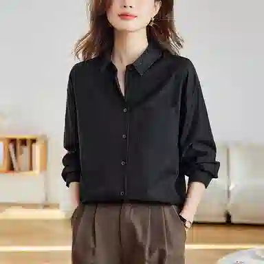 曲韩 口袋翻领宽松显瘦上衣简约经典百搭长袖春季衬衫 女款 职场黑
