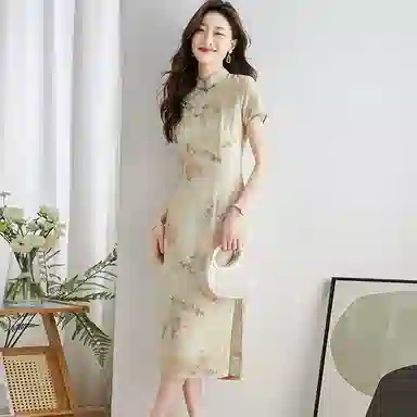 曲韩 新中式立领中长款短袖连衣裙 女款 花色
