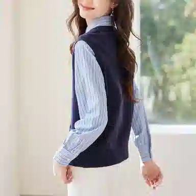 曲韩 针织拼接条纹上衣假两件休闲百搭时尚长袖衬衫 女款 藏青色
