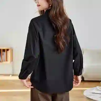 曲韩 口袋翻领宽松显瘦上衣简约经典百搭长袖春季衬衫 女款 职场黑