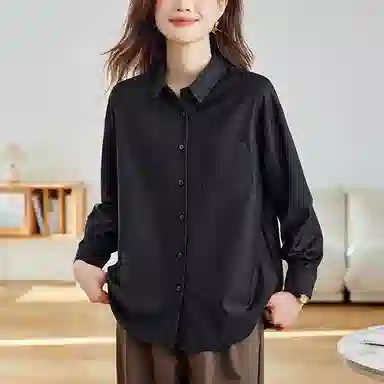 曲韩 口袋翻领宽松显瘦上衣简约经典百搭长袖春季衬衫 女款 职场黑