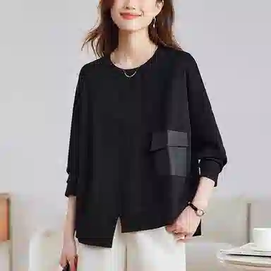 曲韩 不规则口袋落肩袖上衣时尚宽松显瘦圆领长袖春季卫衣 女款 暗夜黑