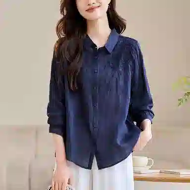 曲韩 翻领刺绣宽松上衣简约通勤轻薄苎麻长袖春季衬衫 女款