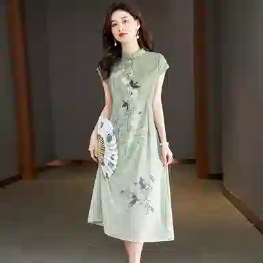 曲韩 舒适简约新中式短袖连衣裙 女款 绿色