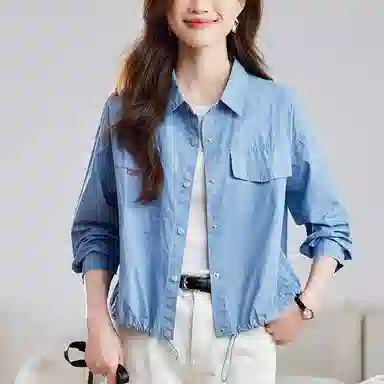 曲韩 翻领抽绳宽松上衣时尚休闲短款纯棉春季长袖衬衫 女款 工装蓝