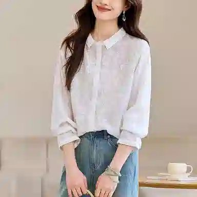 曲韩 翻领重工刺绣显瘦上衣气质文艺减龄苎麻长袖春季衬衫 女款