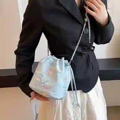 雅鹿 时尚波纹日常通勤优雅大学生上课外出精美配色高级水桶百搭菜篮子印花 尼龙布 斜挎包 男女同款情侣款 黑色/黄色/蓝色/白色/粉色