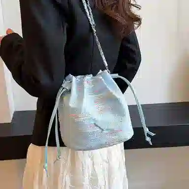 雅鹿 时尚波纹日常通勤优雅大学生上课外出精美配色高级水桶百搭菜篮子印花 尼龙布 斜挎包 男女同款情侣款 黑色/黄色/蓝色/白色/粉色