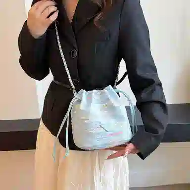 雅鹿 时尚波纹日常通勤优雅大学生上课外出精美配色高级水桶百搭菜篮子印花 尼龙布 斜挎包 男女同款情侣款 黑色/黄色/蓝色/白色/粉色