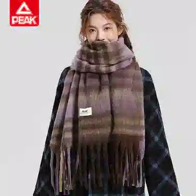 匹克 时尚高级感蓬松柔软亲肤大拉毛格子流苏加厚保暖 聚酯纤维 绒线围巾 男女同款情侣款