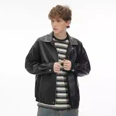 美式复古机车风纯色翻领宽松时尚拉链皮夹克皮衣 男女同款