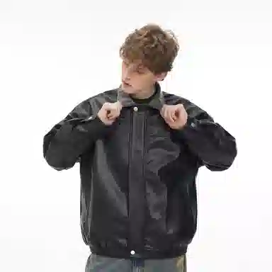 美式复古机车风纯色翻领宽松时尚拉链皮夹克皮衣 男女同款