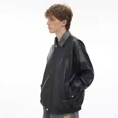 美式复古机车风纯色翻领宽松时尚拉链皮夹克皮衣 男女同款