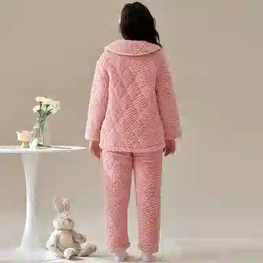 梦特娇 三层夹棉保暖长袖长裤家居服加厚抗风亲肤舒适可外穿简约翻领冬季睡衣套装 女款 浅虾红