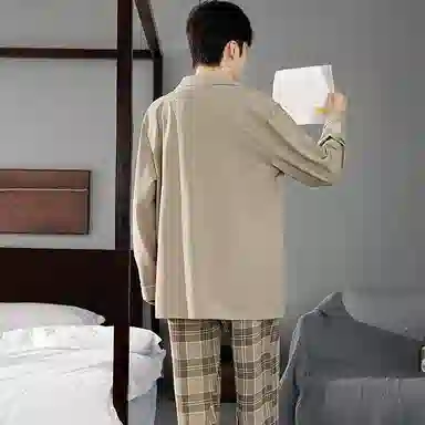 梦特娇 复古翻领开衫长袖长裤家居服可外穿 简约舒适柔软亲肤保暖上衣睡衣套装 男款 棕色