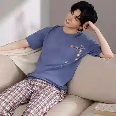 梦特娇 薄款短袖复古宽松长裤 舒适家居服两件套 高级感口袋小众设计 休闲风可外穿柔软亲肤凉感棉睡衣套装 夏季 男款 格子蓝