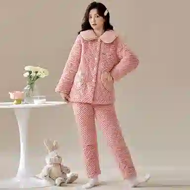 梦特娇 三层夹棉保暖长袖长裤家居服加厚抗风亲肤舒适可外穿简约翻领冬季睡衣套装 女款 浅虾红