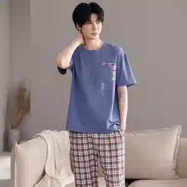 梦特娇 薄款短袖复古宽松长裤 舒适家居服两件套 高级感口袋小众设计 休闲风可外穿柔软亲肤凉感棉睡衣套装 夏季 男款 格子蓝