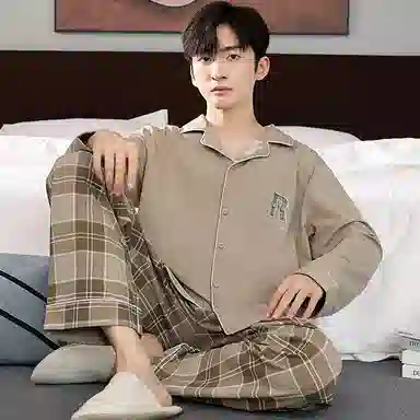 梦特娇 复古翻领开衫长袖长裤家居服可外穿 简约舒适柔软亲肤保暖上衣睡衣套装 男款 棕色