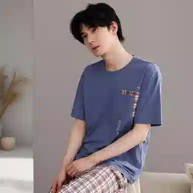 梦特娇 薄款短袖复古宽松长裤 舒适家居服两件套 高级感口袋小众设计 休闲风可外穿柔软亲肤凉感棉睡衣套装 夏季 男款 格子蓝