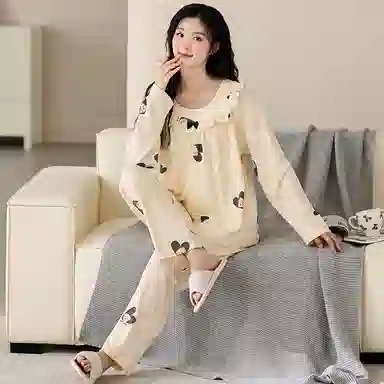 梦特娇 甜美公主风纯棉长袖长裤家居服可外穿 卡通爱心印花设计 休闲简约舒适柔软亲肤保暖上衣睡衣套装 秋冬季 女款 两件套 米白色