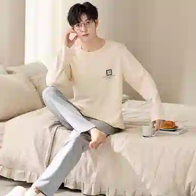 梦特娇 简约纯棉家居服可外穿圆领长袖长裤舒适透气亲肤 个性印花高级感设计休闲宽松青年学生保暖上衣睡衣套装 秋冬 男款 两件装 米白色