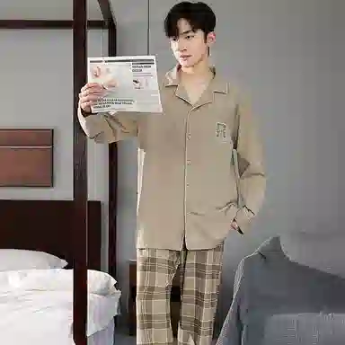 梦特娇 复古翻领开衫长袖长裤家居服可外穿 简约舒适柔软亲肤保暖上衣睡衣套装 男款 棕色