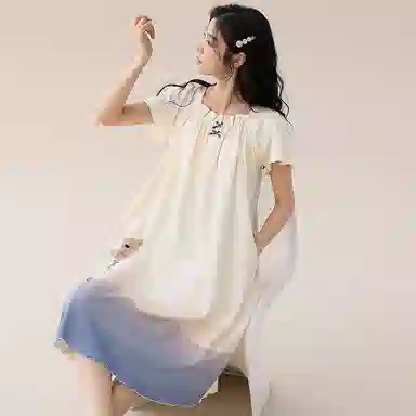 梦特娇 中长款可外穿带胸垫家居服舒适凉感甜美可爱短袖睡裙 女款 梦幻蓝