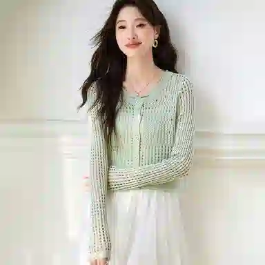 恒源祥 圆领镂空配吊带裙冰丝防晒开衫外套时尚纯色百搭长袖夏季针织衫 女款