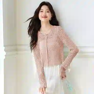 恒源祥 圆领镂空配吊带裙冰丝防晒开衫外套时尚纯色百搭长袖夏季针织衫 女款
